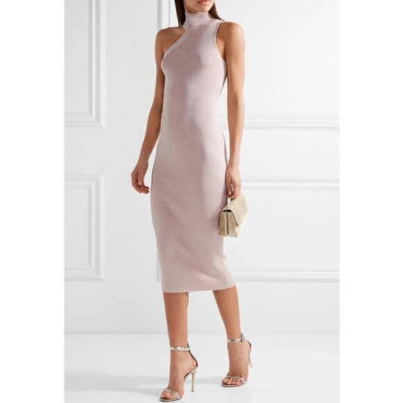 Cushnie et Ochs Metallic Ribbed Stretch Knit Mock Neck Dress Pink Small Event - Picture 2 of 14